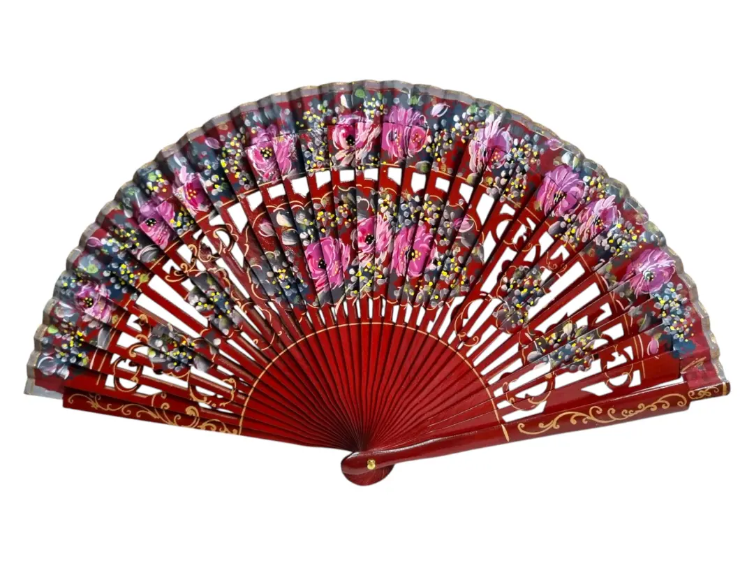 Éventail en Bois d'Érable 23 cm – Découpé et Peint à la Main en Rouge avec des Roses