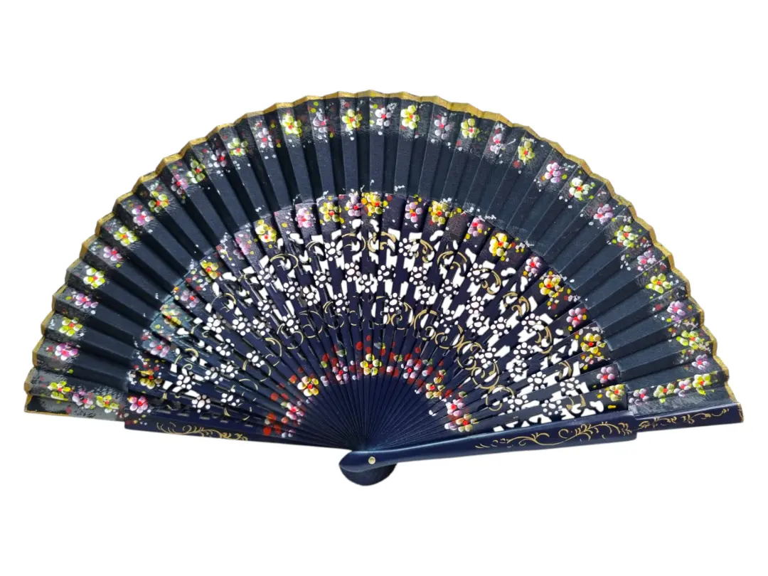 23 cmのシカモアウッドファン – ネイビーブルーの花柄で手作りのカットとペイント