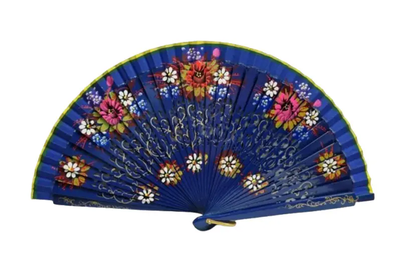 Abanico Pintado a Mano por Ambas Caras Azulón y Motivos Florales. Ref. 177AZ