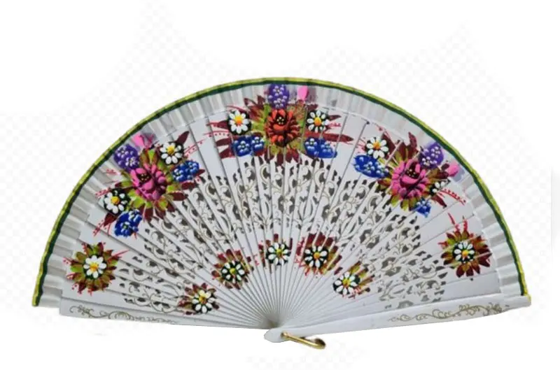 Abanico Pintado a Mano por Ambas Caras Blanco y Motivos Florales. Ref. 177BCO
