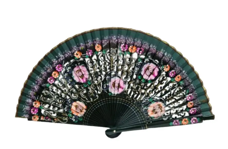 Abanico Verde Pintado a Mano por Ambas Caras. Ref. 38