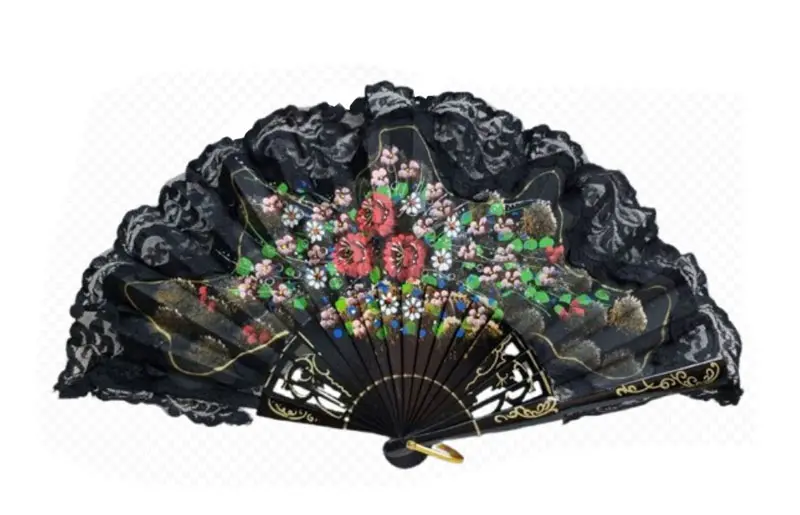 手描きシカモア材の黒扇子、レース装飾付き。Ref. 994