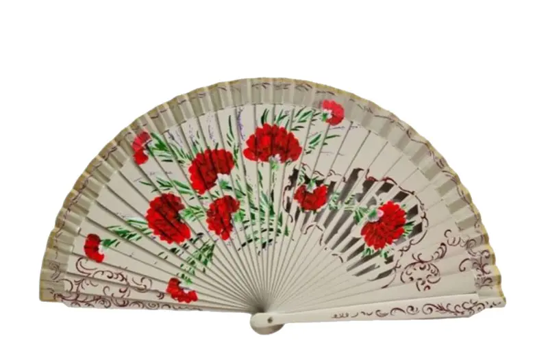 Abanico de Sicomoro Calado Beige con Claveles Rojos. Ref. 153