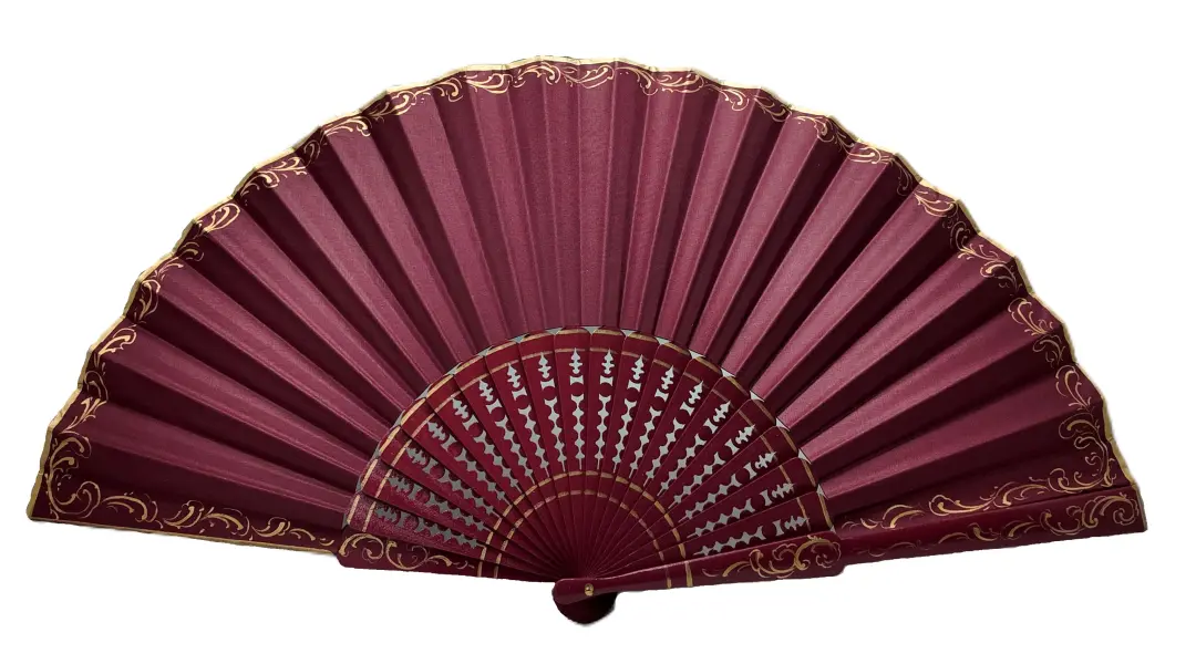 金色のディテールが装飾されたフラメンコのペリコン扇 – 60 × 31 cm