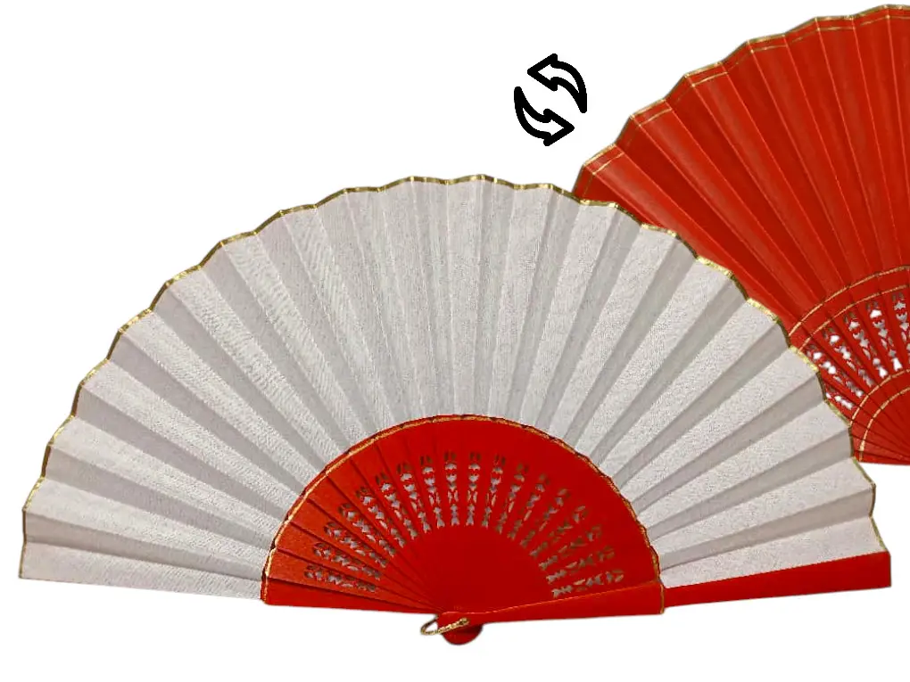リングと金色のディテール付きのバイカラーのフラメンコ扇子 – 60 × 31 cm
