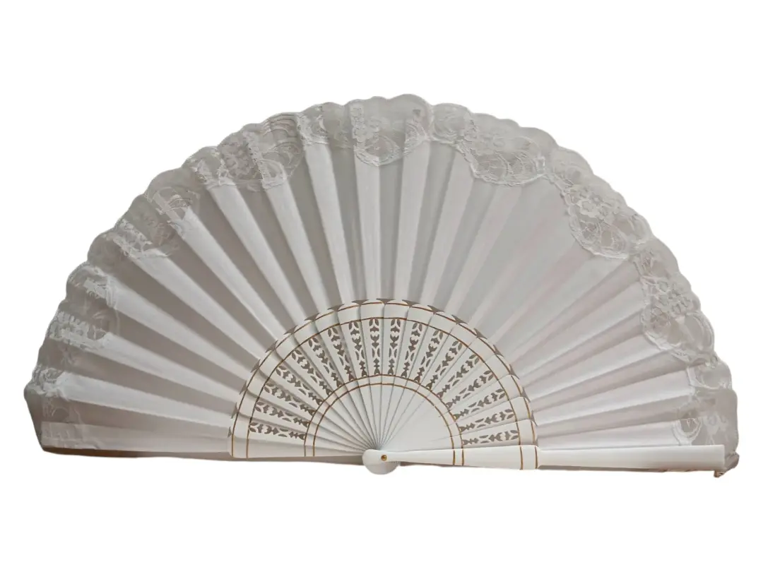 Éventail pericón flamenco avec dentelle et tiges perforées blanches – 60 × 33 cm