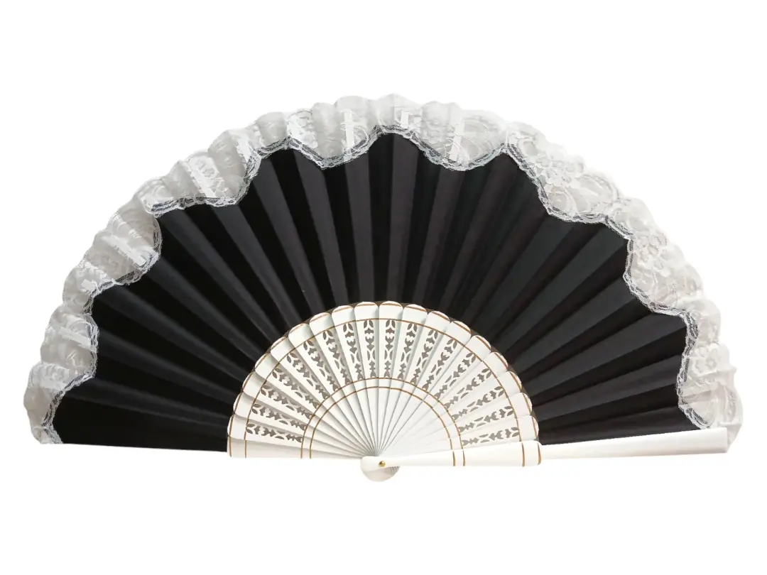 Éventail pericón flamenco avec dentelle et tiges perforées blanches – 60 × 33 cm