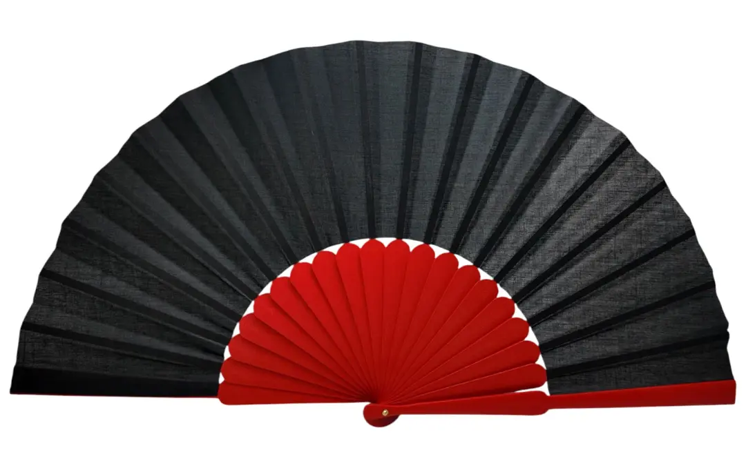 Abanico Pericón Tela Negra Varilla Roja. 60cm X 32cm