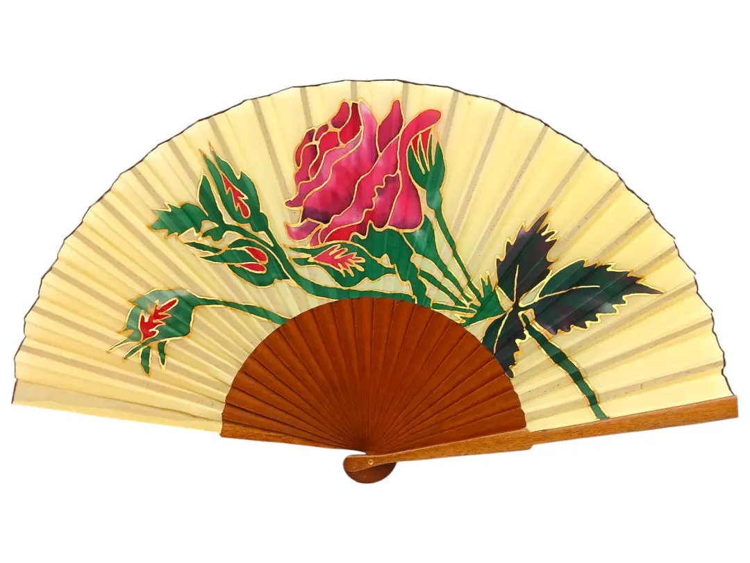 Eventail en Bois de Poirier Poli avec Soie Peinte à la Main. MA26