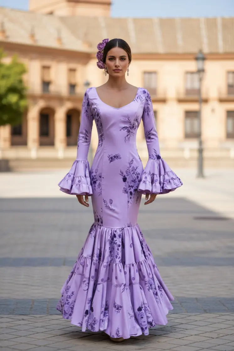 Size 36. Duquelas malva printed flamenco dress