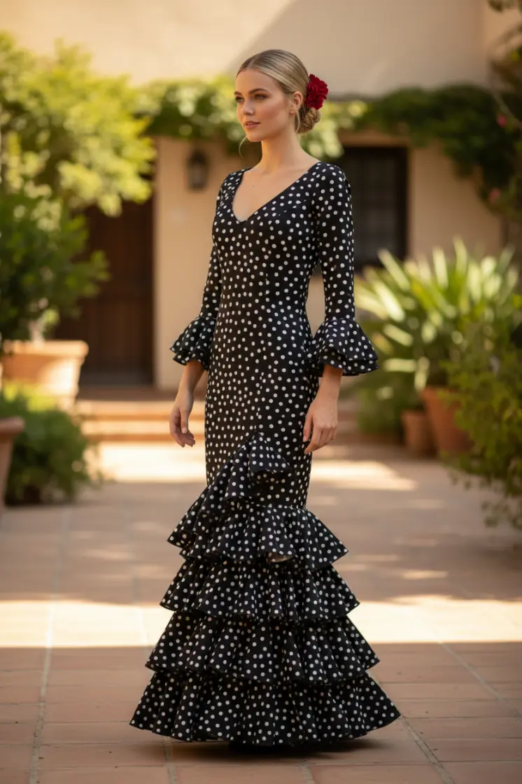 Taille 34. Robe de Flamenca Modèle Lolita. Noir à pois blancs moyens.