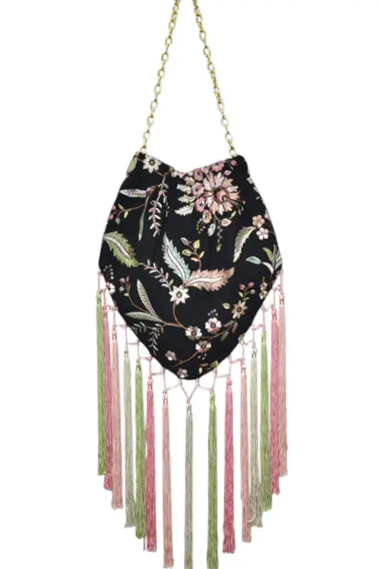 Sac Noir Brodé de Paillettes et de Franges Pastel
