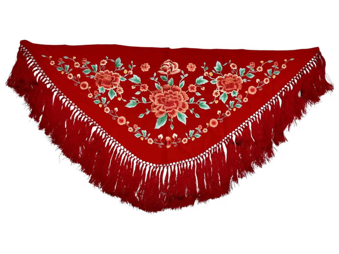 Red Small Shawl with Floral Embroidery for Flamenco
