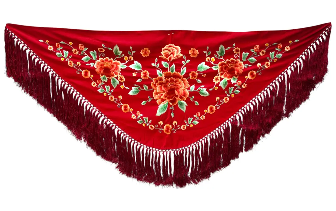 ボルドー フラメンコ用花柄刺繍入りスモールショール