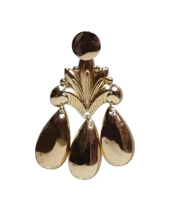 ゴールドのユリの花モチーフと3つの涙型チャーム付きイヤリング