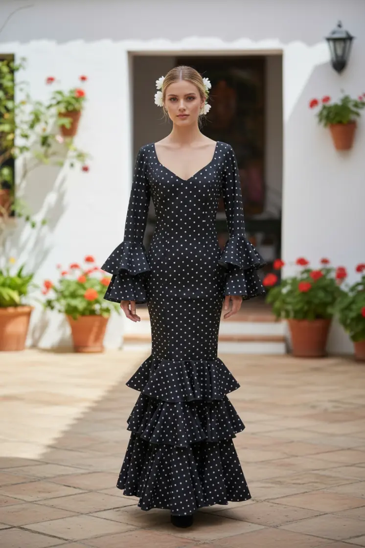 Size 36. Black polka dot flamenco dress Saeta