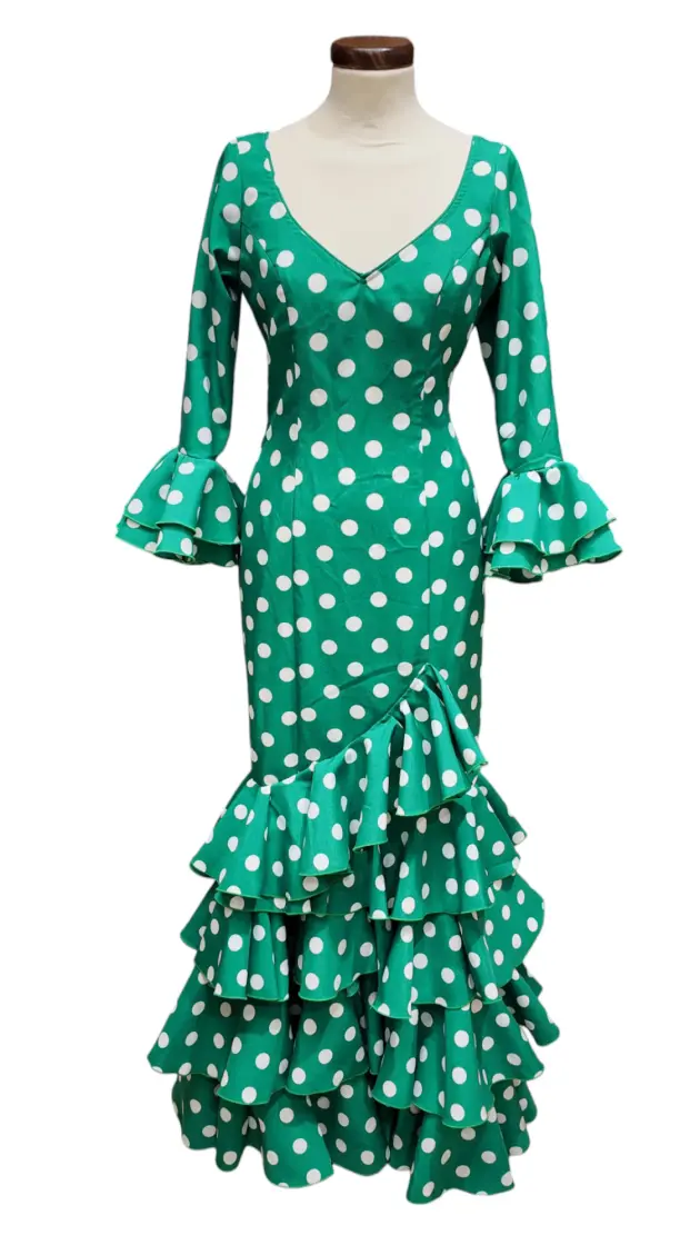 Size 36. Flamenco Dress Lolita Model. Green with White Polka Dots