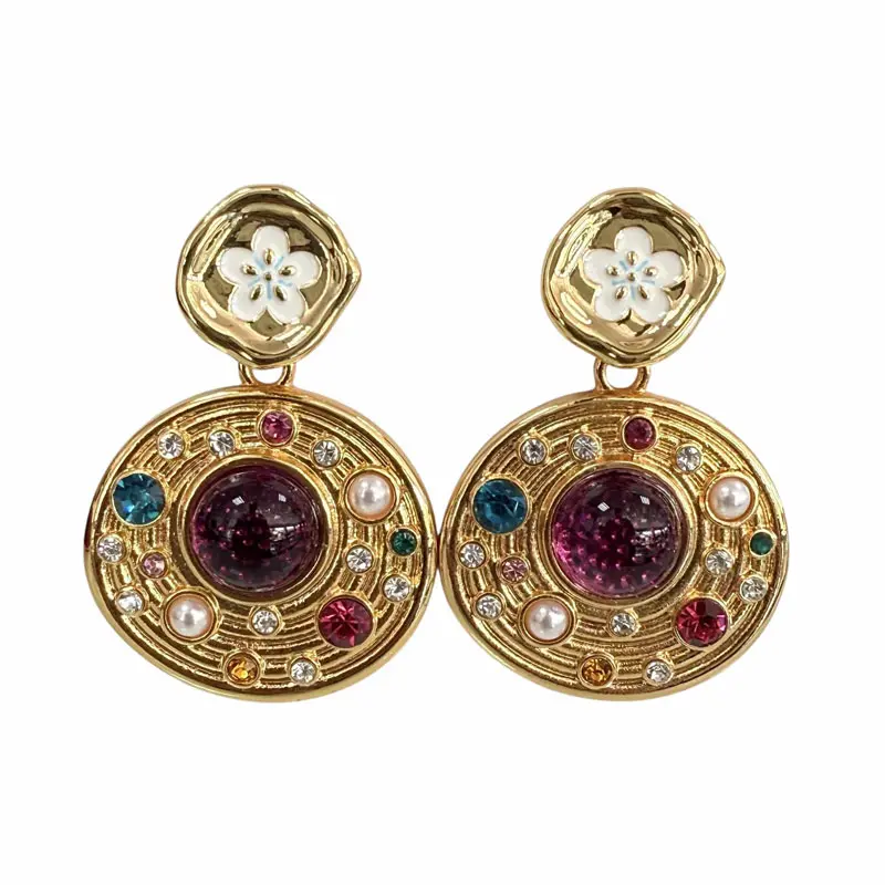 Céline Gold Earrings with Multicoloured Crystals. Brilliant Elegance
