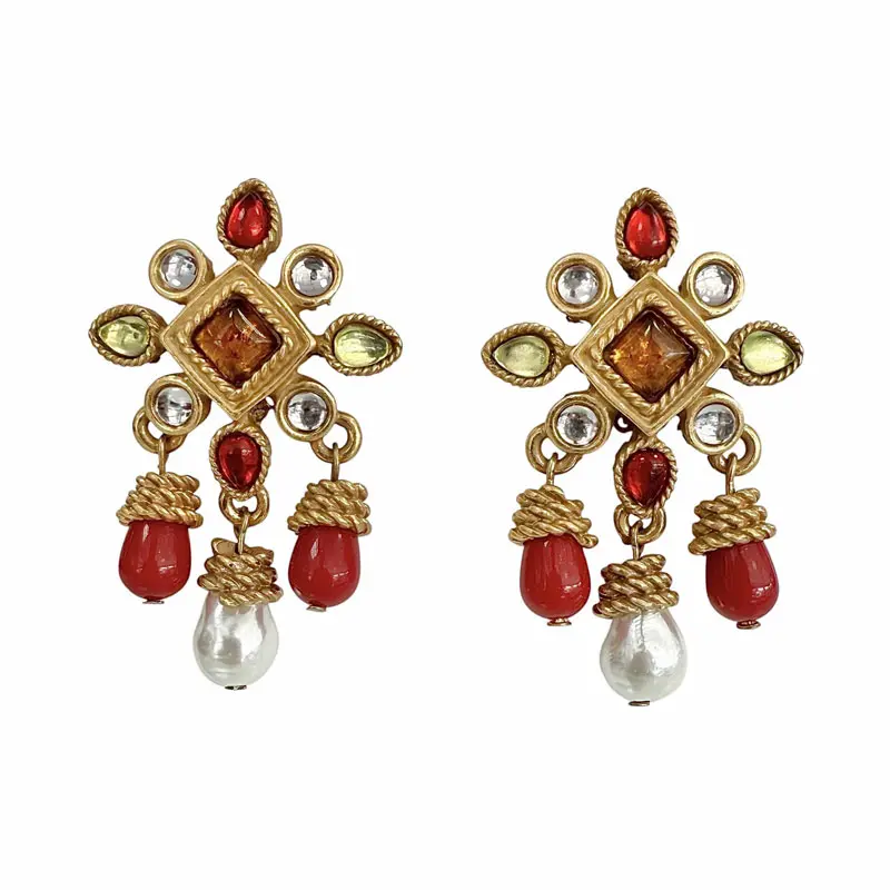 Gold Ethnic Earrings with Coral and Pearls. Handcrafted Elegance