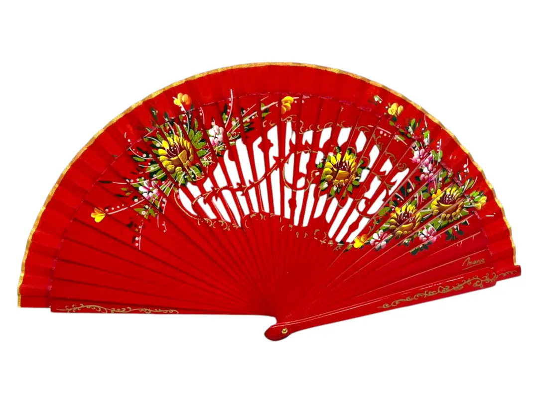 Abanico de madera calada floral pintado a mano ambas caras para verano y eventosRef. 1131