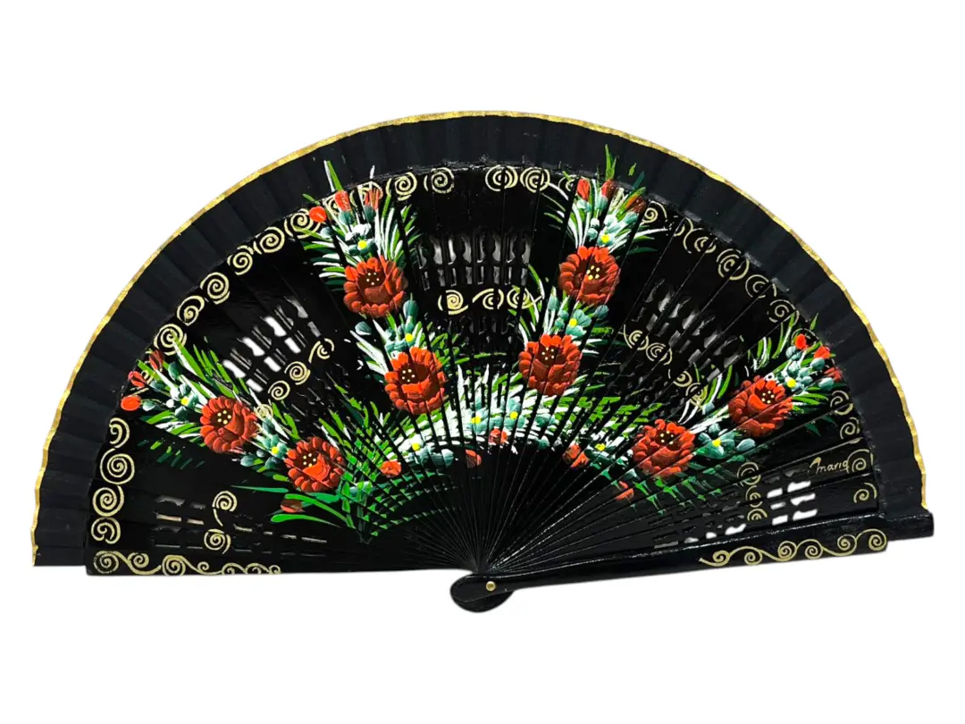 Abanico español de madera con flores pintadas a mano calado ambas caras para mujer. Ref. 1159