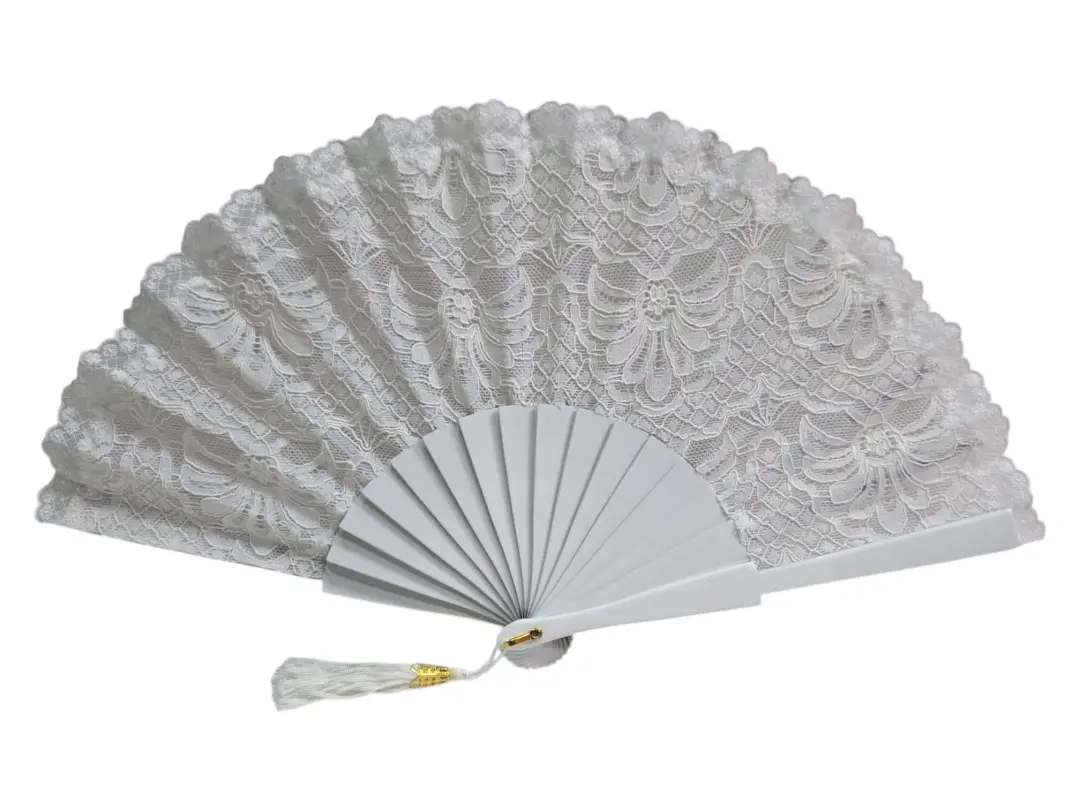 Abanico de novia en encaje marfil y madera lisa | Abanico de ceremonia elegante para boda