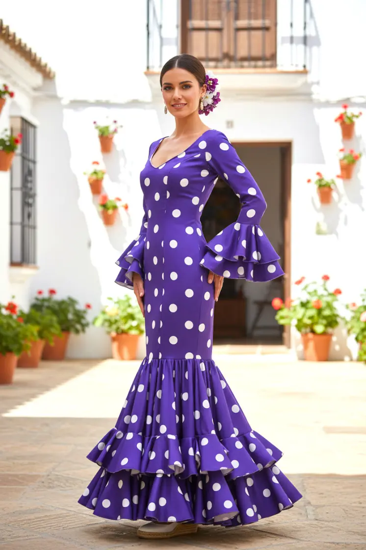 Size 34. Purple gypsy dress with white polka dots