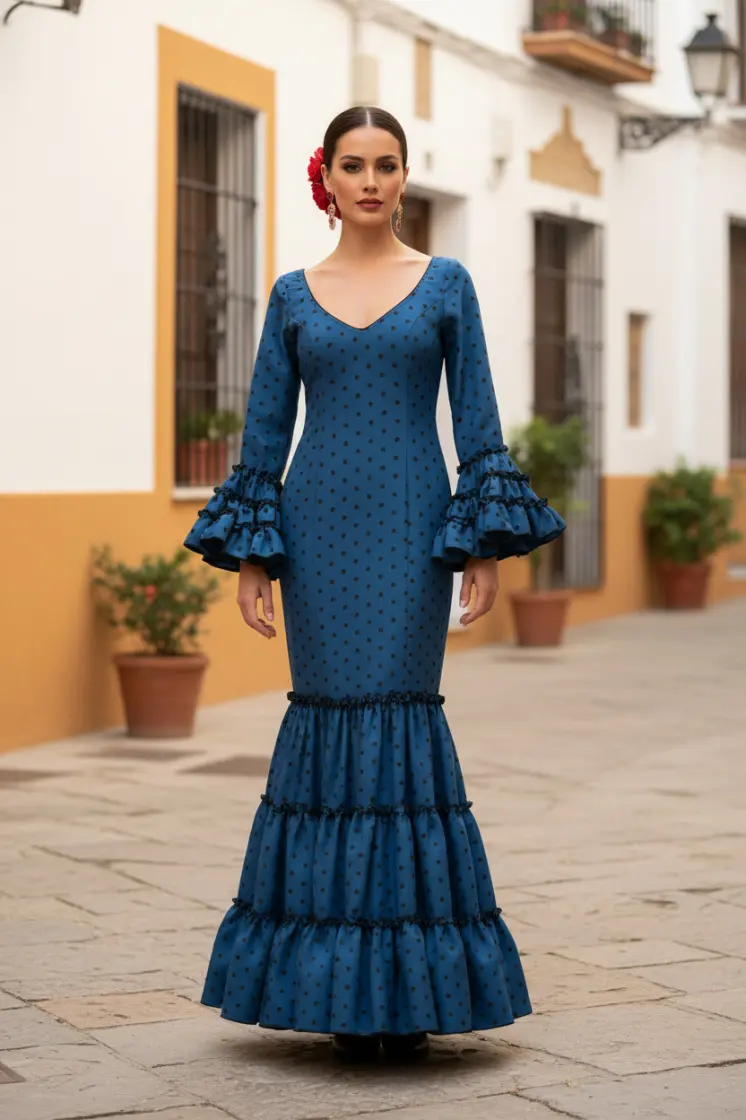 Taille 32. Robe de Flamenca Modèle Córdoba. Bleu foncé à petits pois noirs.