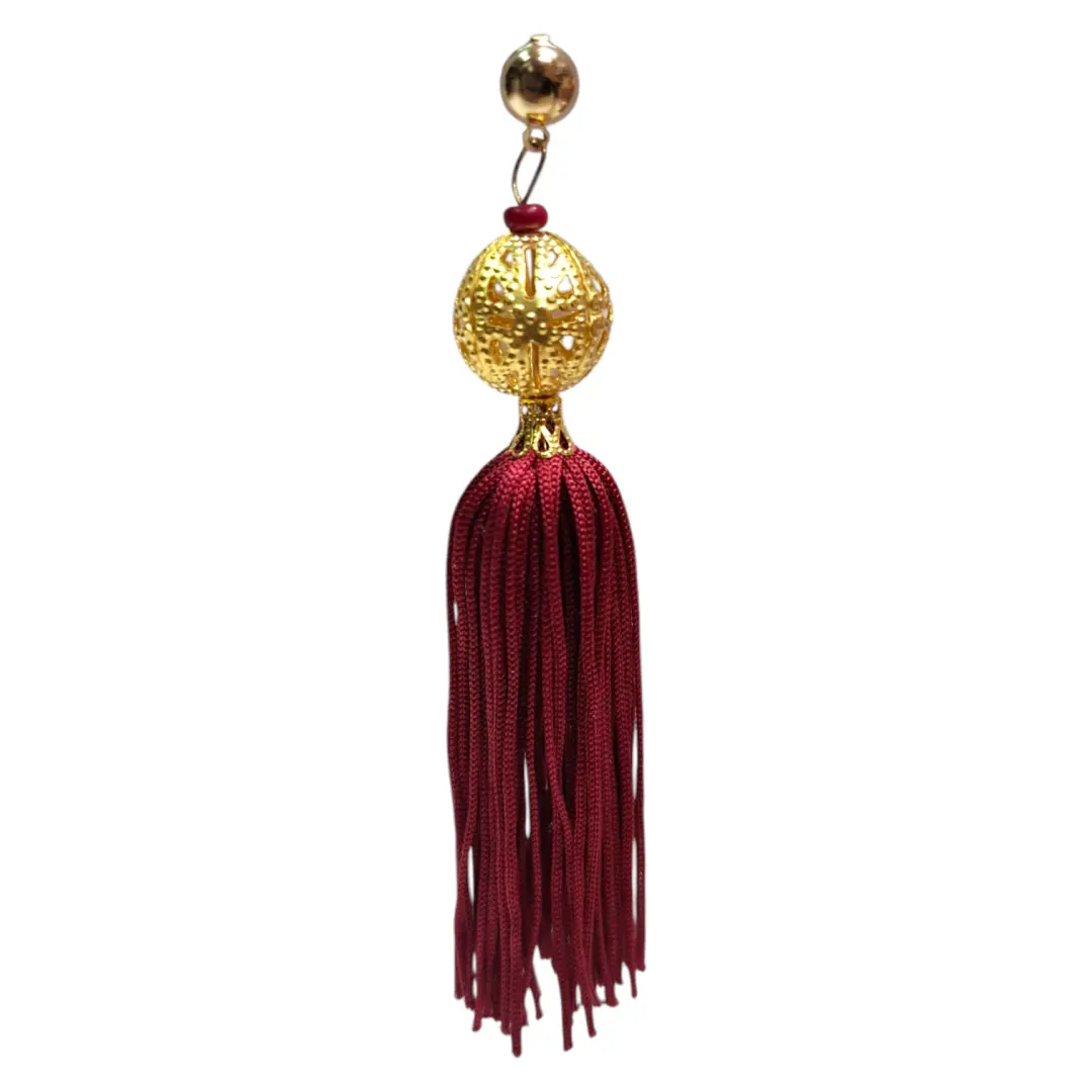 Pendientes Flamenca Flecos Largos con Bola Dorada Elegantes para Ferias y Romerías. Granate