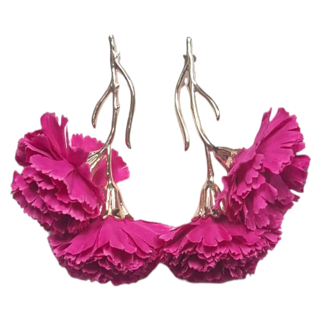 Flamenco earrings with 2 fuchsia carnations on a golden branch. Flamenco accessory