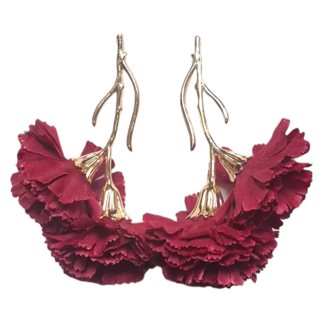 Flamenco earrings for women with a garnet carnation on a golden branch