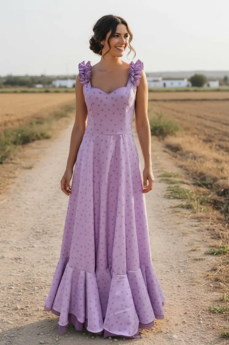 Size 36. Mariquilla Dress Rociera in lavender with polka dots