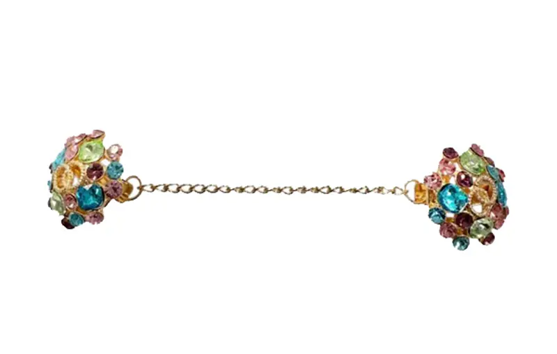 Broche dorado de manitas con pinza de piedras multicolor para mantoncillo de flamenca