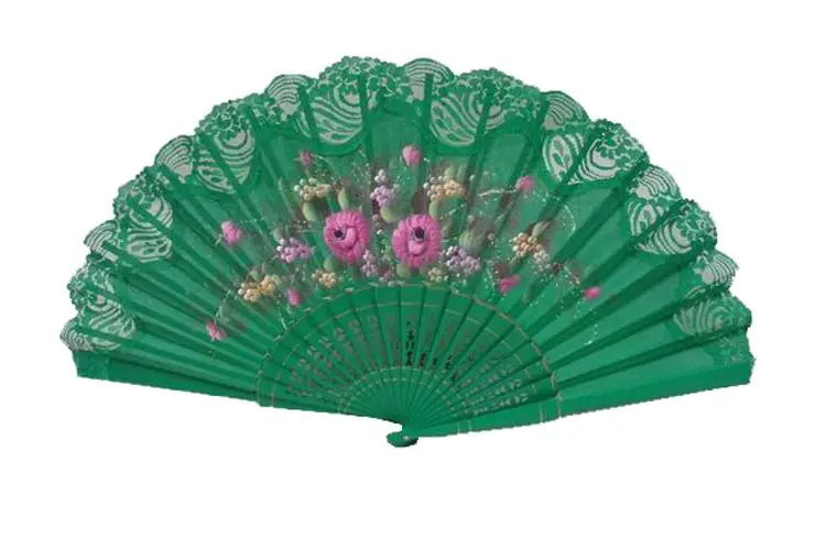 Éventail peint à la main avec dentelle vert. ref. 150ENCJ