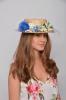 Paola Straw Boater. Straw and Headdress in Blue and Beige