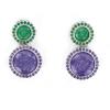 Rhodium Silver Earrings Double Disc Purple and Green Stones Faceted Center with Bevel