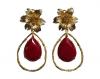 Jewelry Earrings. Golden Flower and Red Stone in a Hoop