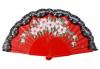 Wooden Red Fan with Painted Flowers and Lace