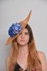 Floppy Hat Paula. Golden Sinamay Hat with Blue Hydrangeas