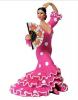 Danseuse Flamenca Costume Fuschia Mat à Pois Blancs avec Eventail. 17cm