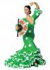 Danseuse Flamenca Costume Vert Mat à Pois Blancs avec Eventail. 17cm