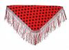 Red background and black polka-dot handmade shawl with black and red fringes